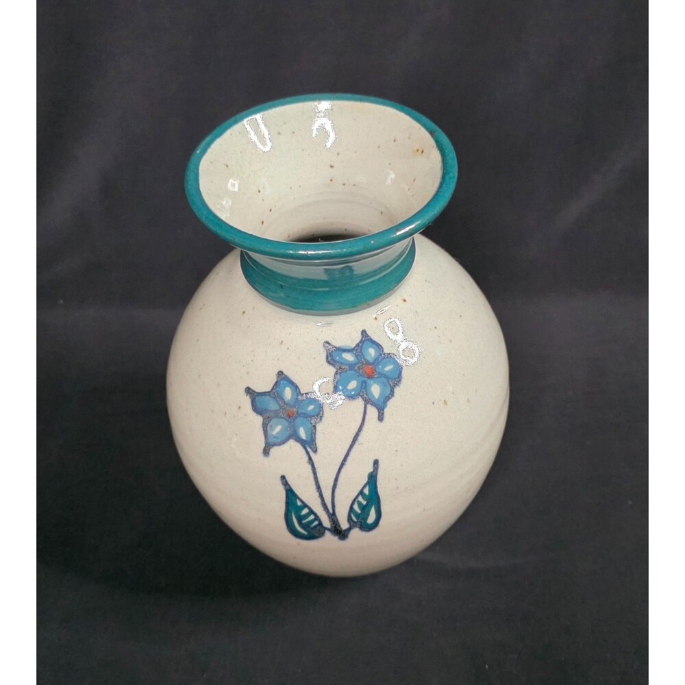 Hand Thrown Studio Pottery Vase Gray & Teal Blue Floral Stoneware Signed 6.75" - Picture 10 of 14
